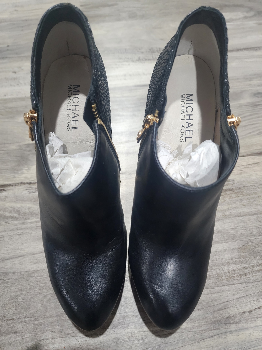 Michael Kors Black Leather Ankle Booties with Gold Hardware